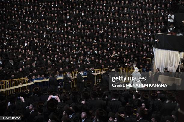 Tens of thousands of Ultra-Orthodox Jews of the Belz Hasidic Dynasty watch the wedding ceremony of Rabbi Shalom Rokach, the Grandson of the Belz...