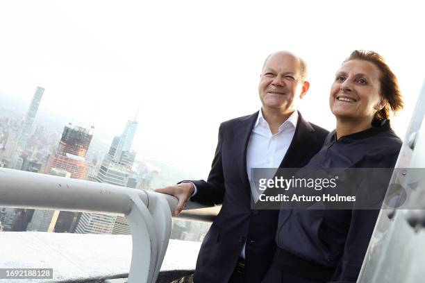 German Chancellor Olaf Scholz and Britta Ernst visit the Empire State Building Observatory at The Empire State Building on September 20, 2023 in New...