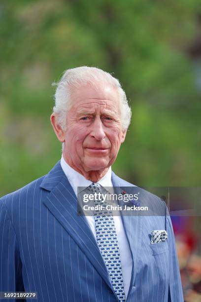 King Charles III attends a ceremonial welcome at The Arc De Triomphe on September 20, 2023 in Paris, France. The King and The Queen's first state...