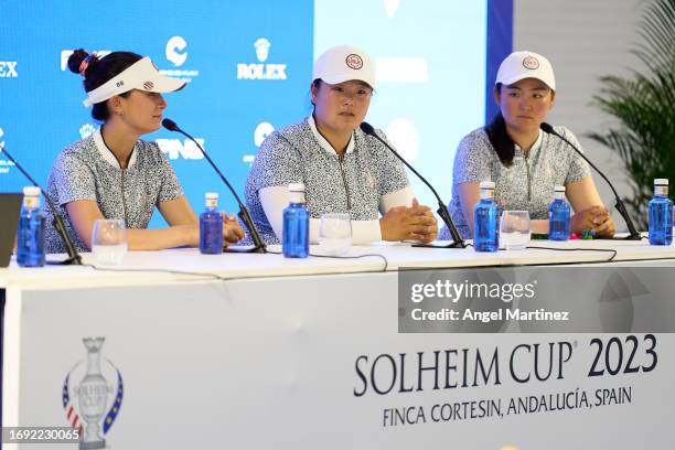 Cheyenne Knight, Angel Yin and Allisen Corpuz of Team USA attend a press conference prior to the The Solheim Cup at Finca Cortesin Golf Club on...