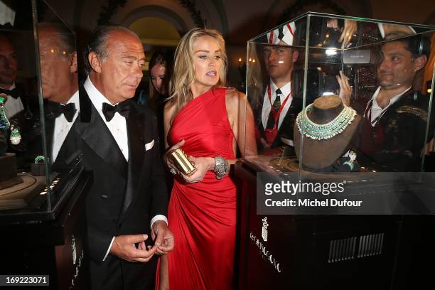 Fawaz Gruosi and Sharon Stone attend the 'De Grisogono' Party At Hotel Du Cap Eden Roc on May 21, 2013 in Antibes, France.