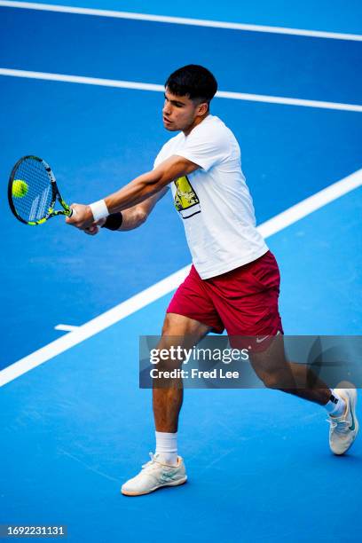 Carlos Alcaraz of Spain in action during a practice session ahead of The 2023 China Open on day two of the 2023 China Open at National Tennis Center...