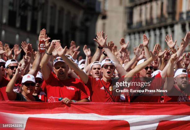 Dozens of FC Union Berlin fans gather at Puerta del Sol, on 20 September, 2023 in Madrid, Spain. 4,400 German fans are expected to arrive in the...