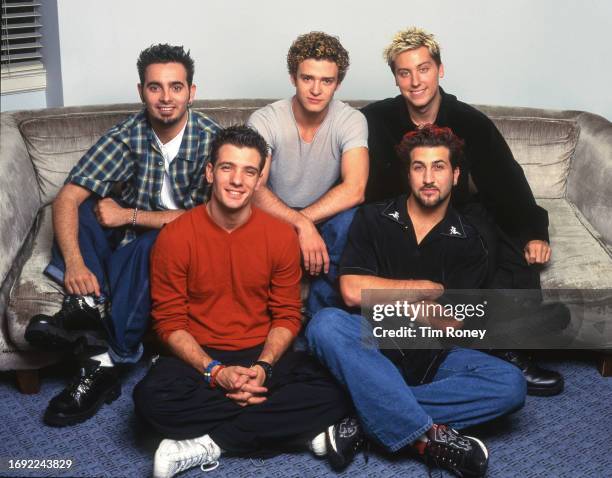 American boy band NSYNC, in the penthouse suite of the Chateau Marmont, Los Angeles, California, United States, January 2000. Left to right: Chris...