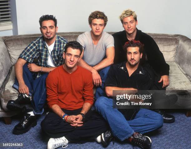 American boy band NSYNC, in the penthouse suite of the Chateau Marmont, Los Angeles, California, United States, January 2000. Left to right: Chris...