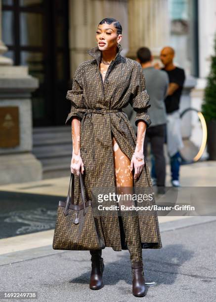 Winnie Harlow is seen heading to The Fendi show during Milan Fashion Week on September 20, 2023 in Milan, Italy.
