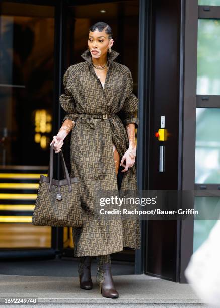 Winnie Harlow is seen heading to The Fendi show during Milan Fashion Week on September 20, 2023 in Milan, Italy.