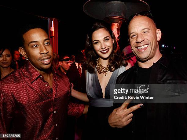 Actor/rapper Chris 'Ludacris' Bridges, actress Gal Gadot and actor/producer Vin Diesel pose at the after party for the premiere of Universal...