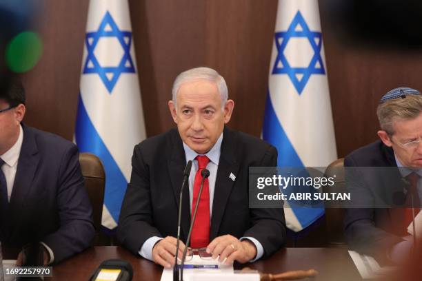 Israeli Prime Minister Benjamin Netanyahu attends the weekly cabinet meeting at his office in Jerusalem on September 27, 2023.