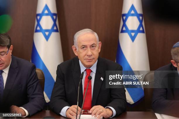 Israeli Prime Minister Benjamin Netanyahu attends the weekly cabinet meeting at his office in Jerusalem on September 27, 2023.