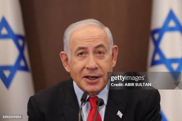 Israeli Prime Minister Benjamin Netanyahu attends the weekly cabinet meeting at his office in Jerusalem on September 27, 2023.