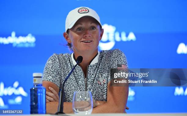 Stacy Lewis, captain of Team USA talks with the media during a press conference prior to the The Solheim Cup at Finca Cortesin Golf Club on September...