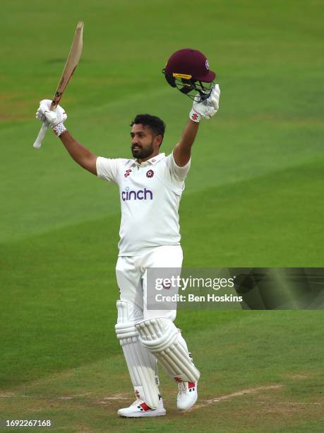 Karun Nair of Northamptonshire celebrates reaching his century during day two of the LV= Insurance County Championship Division 1 match between...