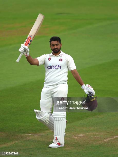 Karun Nair of Northamptonshire celebrates reaching his century during day two of the LV= Insurance County Championship Division 1 match between...