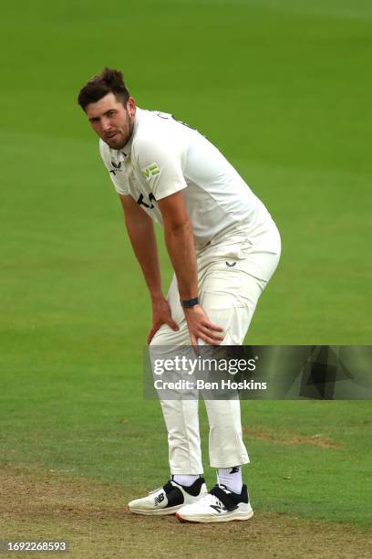 Jamie Overton of Surrey reacts during day two of the LV= Insurance County Championship Division 1 match between Surrey and Northamptonshire at The...