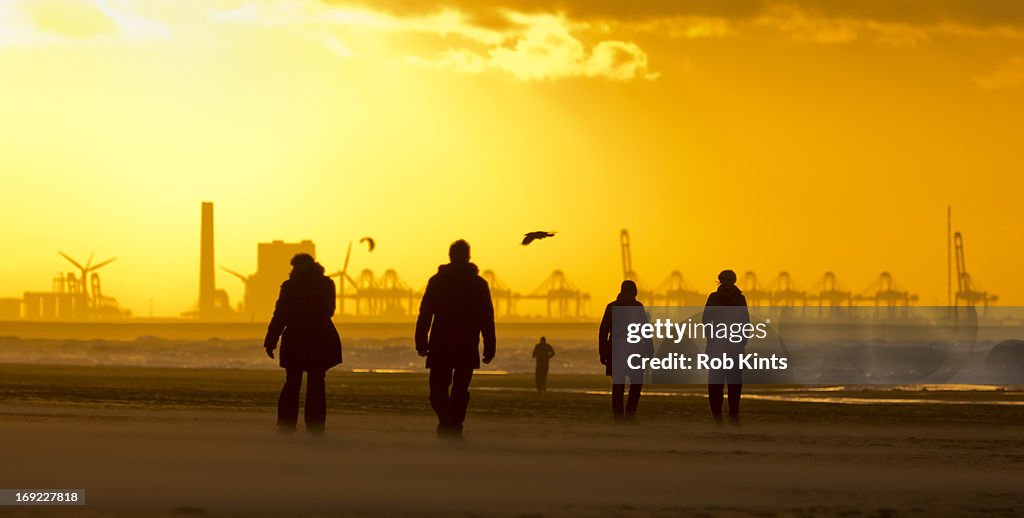 People walking on beach at sunset