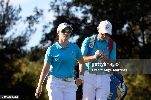 Leona Maguire of Team Europe looks on during practice prior to the The Solheim Cup at Finca Cortesin Golf Club on September 20, 2023 in Casares,...