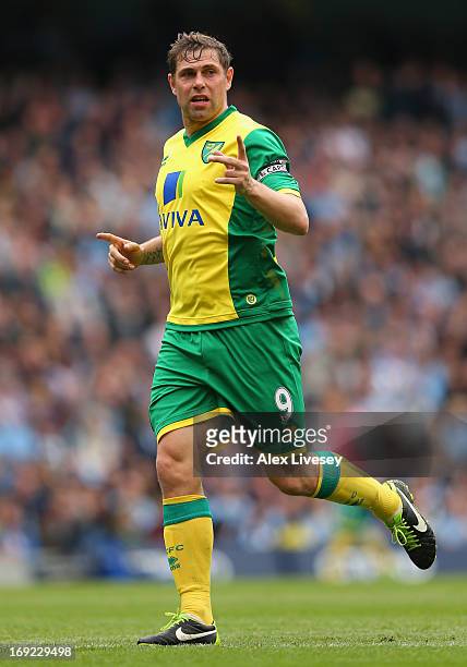 Grant Holt of Norwich City during the Barclays Premier League match between Manchester City and Norwich City at Etihad Stadium on May 19, 2013 in...