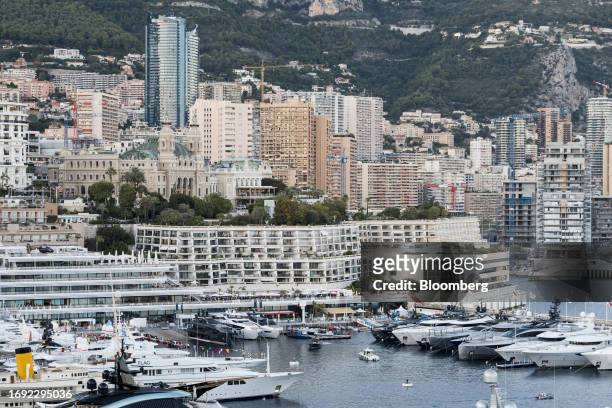 Luxury yachts in the harbor ahead of the Monaco Yacht Show at Port Hercules in Monaco, on Tuesday, Sept. 26, 2023. The show runs from Sept. 27-30....