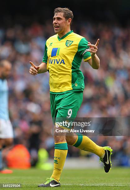 Grant Holt of Norwich City during the Barclays Premier League match between Manchester City and Norwich City at Etihad Stadium on May 19, 2013 in...