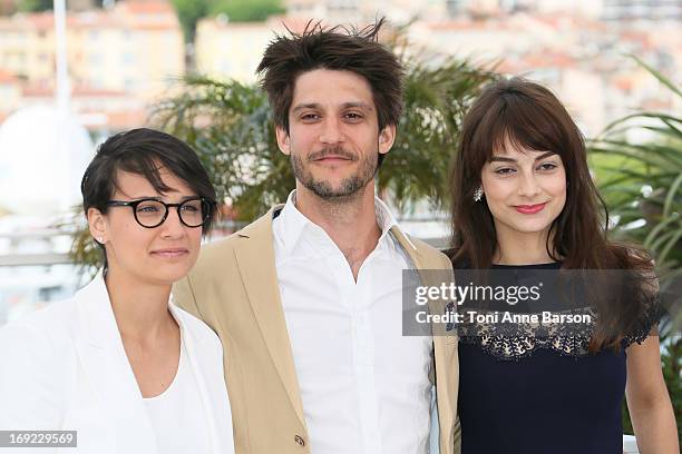 Director Chloe Robichaud, actor Jean-Sebastien Courchesne and actress Sophie Desmarais attend the photocall for 'Sarah Prefere La Course' during The...