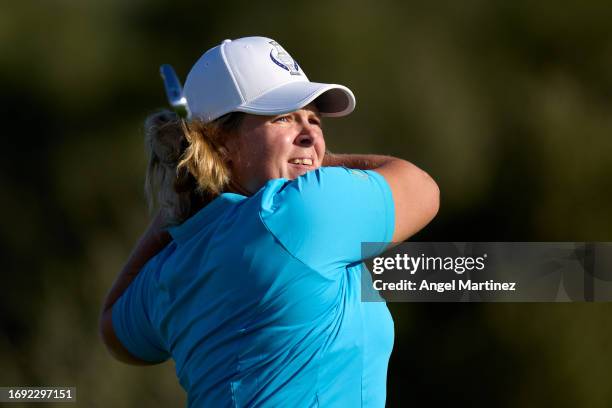 Caroline Hedwall of Team Europe plays a shot during practice prior to the The Solheim Cup at Finca Cortesin Golf Club on September 20, 2023 in...