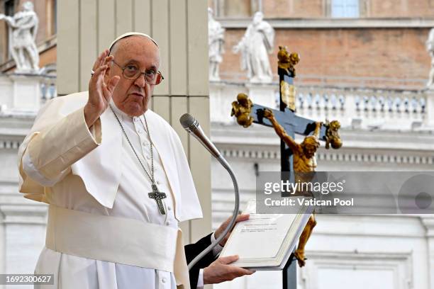 Pope Francis attends his weekly general audience at St. Peter's Square on September 20, 2023 in Vatican City, Vatican. Pope Francis has appealed for...