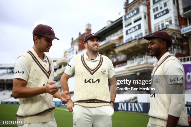 Jamie Overton of Surrey looks on during day one of the LV= Insurance County Championship Division 1 match between Surrey and Northamptonshire at The...