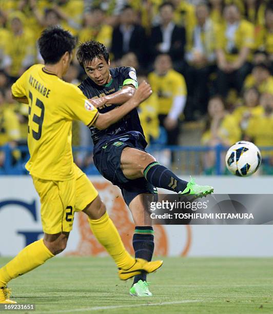 Jeonbuk Hyundai Motors forward Lee Dong-Gook kicks the ball beside Kashiwa Reysols defender Hirofumi Watanabe during their Asian Champions League...