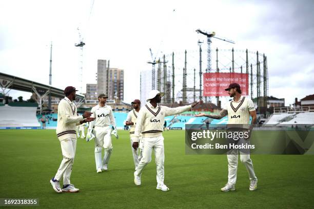 Surrey players walk off following day one of the LV= Insurance County Championship Division 1 match between Surrey and Northamptonshire at The Kia...