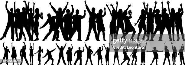 silhouetted groups of happy people - ecstatic stock illustrations