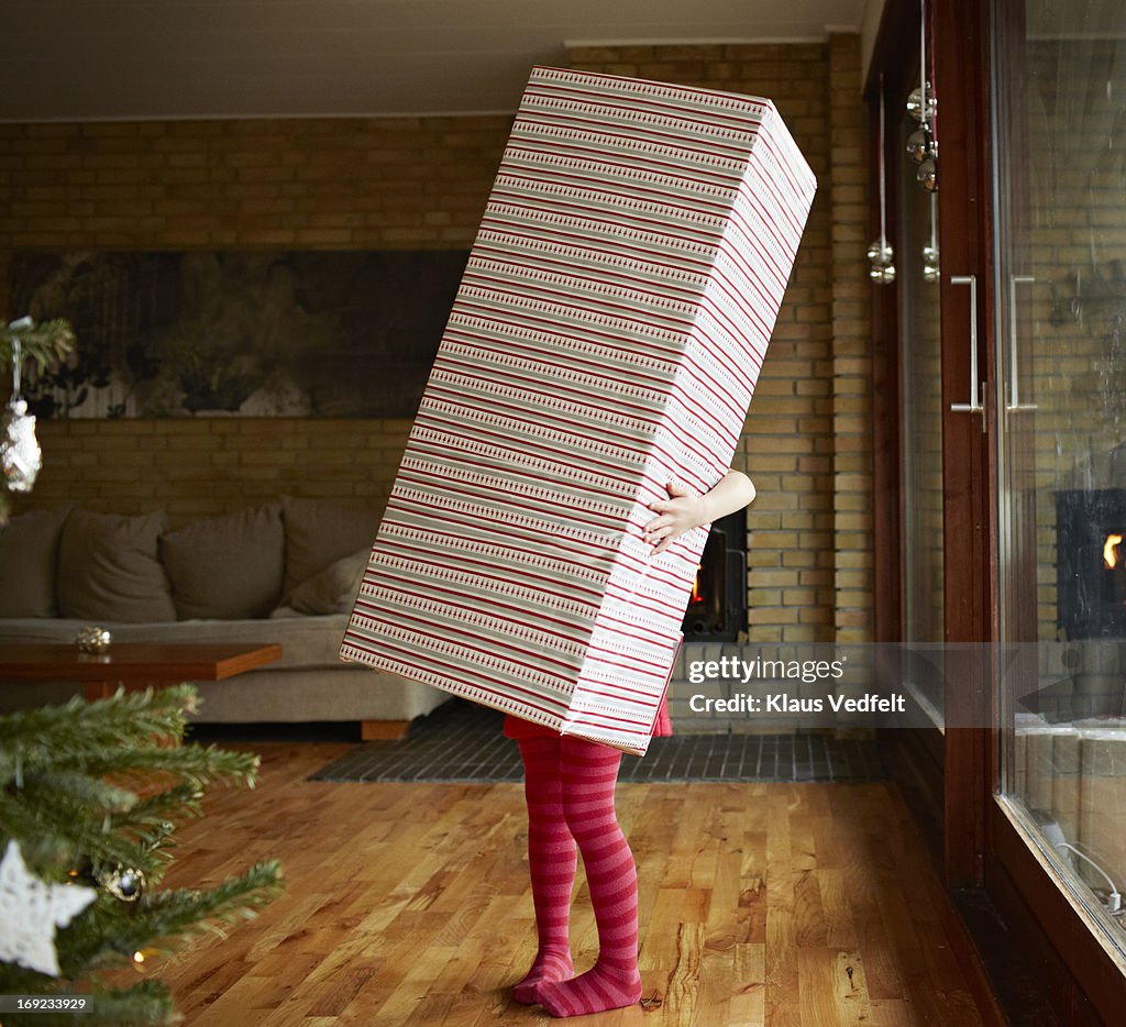 Little girl holding huge present