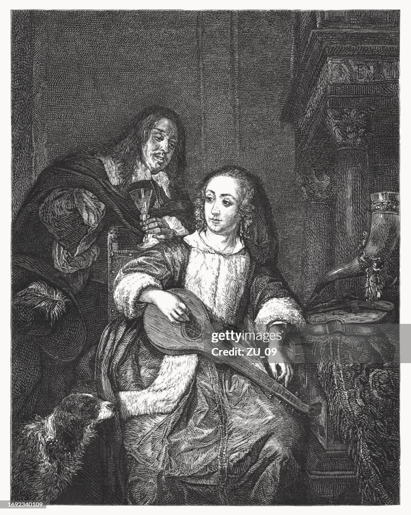 Cittern Player, painted by Gabriël Metsu, wood engraving, published 1878