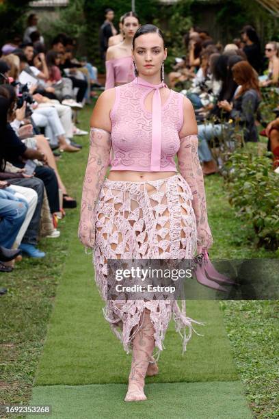 Model walks the runway at the Marco Rambaldi fashion show during the Milan Fashion Week Womenswear Spring/Summer 2024 on September 20, 2023 in Milan,...