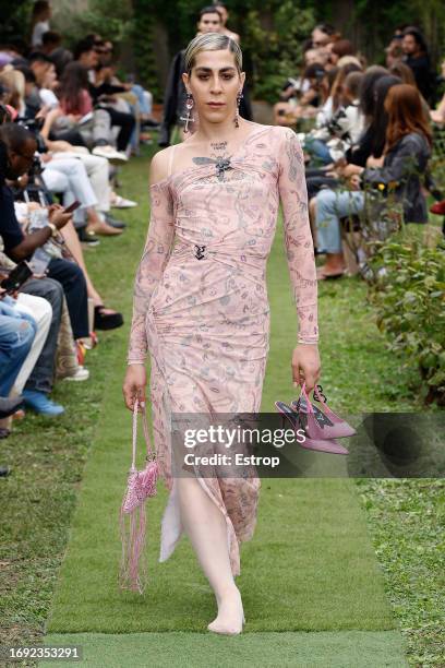 Model walks the runway at the Marco Rambaldi fashion show during the Milan Fashion Week Womenswear Spring/Summer 2024 on September 20, 2023 in Milan,...