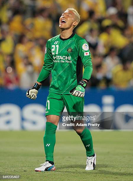 Takanori Sugeno of Kashiwa celebrates a goal during the AFC Champions League round of 16 match between Kashiwa Reysol and Jeonbuk Hyundai Motors at...