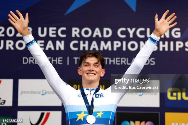 Gold medalist Joshua Tarling of Great Britain celebrates winning during the medal ceremony after the 29th UEC Road Cycling European Championships...