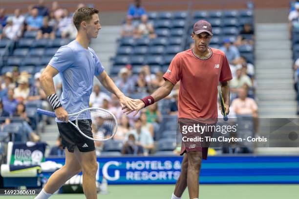 September 8: Joe Salisbury of Great Britain and Rajeev Ram of the United States during their victory in the Men's Doubles Final match on Arthur Ashe...
