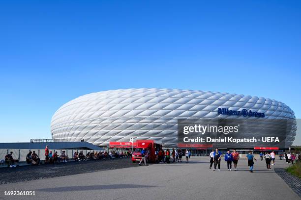 General view outside the stadium prior to the UEFA Champions League match between FC Bayern München and Manchester United at Allianz Arena on...