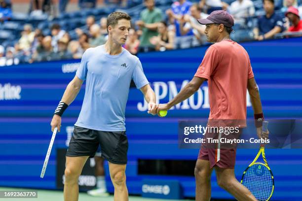 September 8: Joe Salisbury of Great Britain and Rajeev Ram of the United States during their victory in the Men's Doubles Final match on Arthur Ashe...