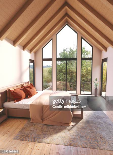 large luxury bedroom with a beautiful view of a forest - wood ceiling stock pictures, royalty-free photos & images