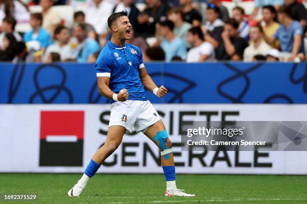 Lorenzo Pani of Italy celebrates scoring his team's first try during the Rugby World Cup France 2023 match between Italy and Uruguay at Stade de Nice...