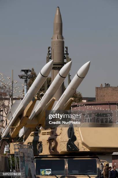 An Iranian surface-to-surface missile , and anti-aircraft missiles are pictured during a military exhibition commemorating Iran-Iraq war anniversary,...