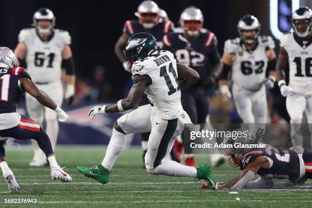 Brown of the Philadelphia Eagles runs with the ball against the New England Patriots at Gillette Stadium on September 10, 2023 in Foxborough,...