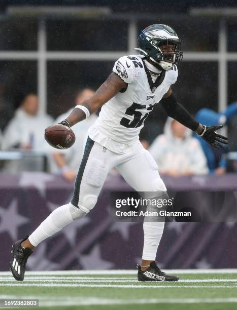 Zach Cunningham of the Philadelphia Eagles celebrates after recovering a fumble during the first quarter against the New England Patriots at Gillette...