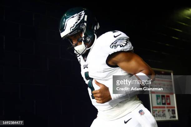 Jalen Hurts of the Philadelphia Eagles takes the field before the game against the New England Patriots at Gillette Stadium on September 10, 2023 in...