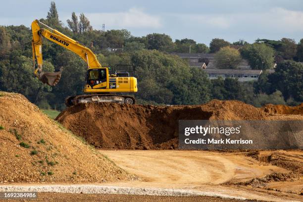 Crawler excavator is used for construction works in the Colne Valley for the HS2 high-speed rail link on 26th September 2023 in West Hyde, United...