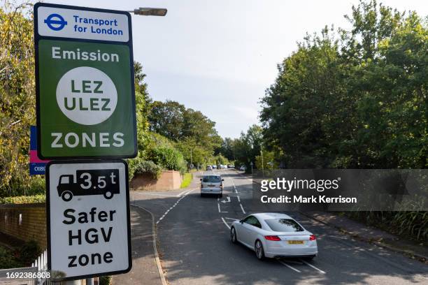 Transport for London LEZ and ULEZ sign is pictured in Harefield on 26th September 2023 in London, United Kingdom. London's LEZ was introduced in 2008...