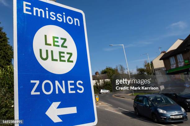 Transport for London LEZ and ULEZ sign is pictured in Harefield on 26th September 2023 in London, United Kingdom. London's LEZ was introduced in 2008...