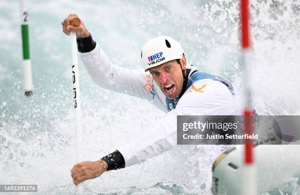 Matija Marinic of Croatia competes during the 2023 ICF Canoe Slalom World Championships Men's Canoe Heats at Lee Valley White Water Centre on...